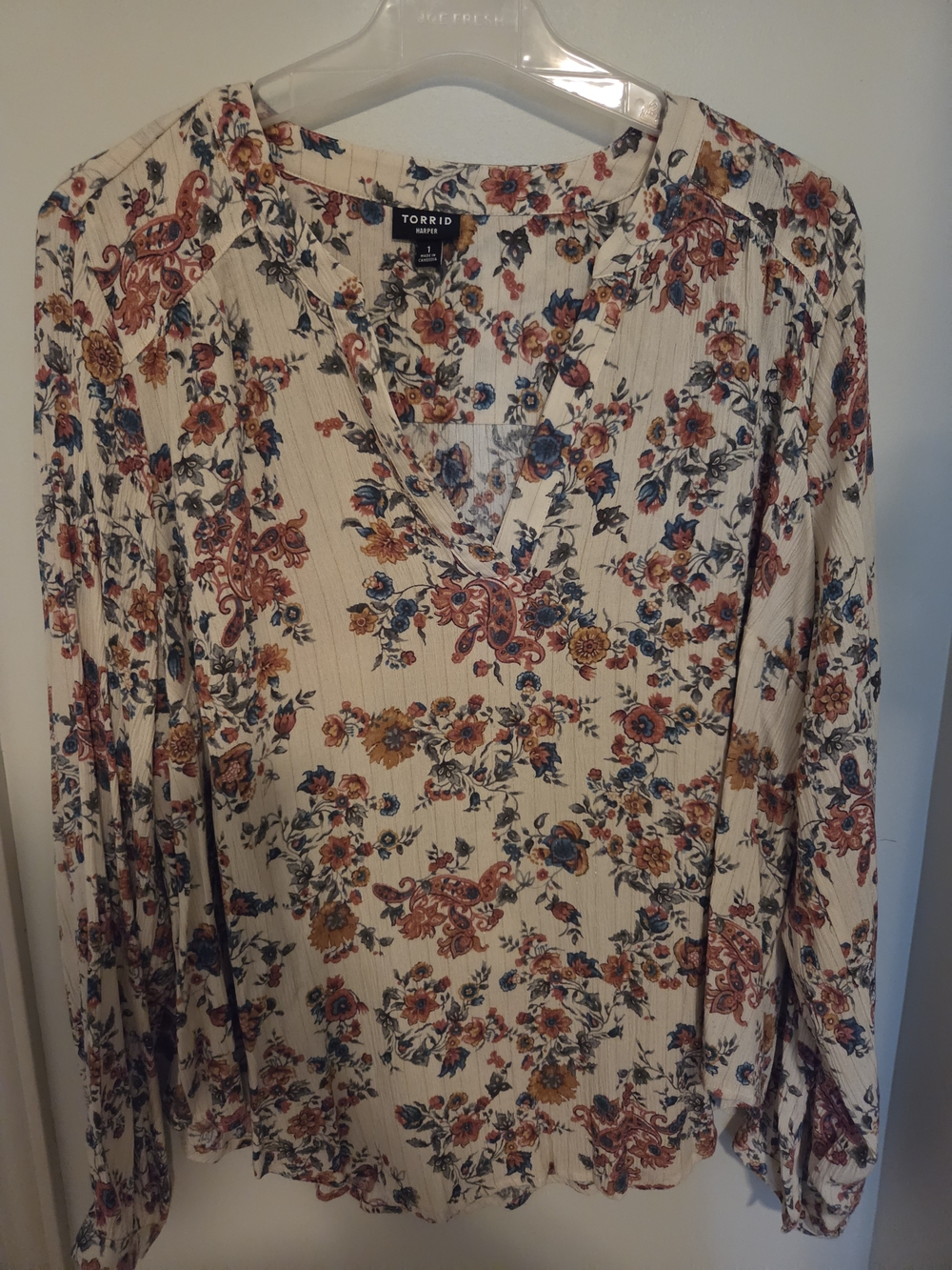 torrid Cream Floral V-Neck Long Sleeve Top with Rust and Navy Motifs